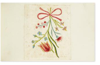 (ALBUM--18TH-19TH-CENTURIES--GERMAN.) Group of 4 friendship albums containing fine watercolors, embroidery, painted silhouettes and cal